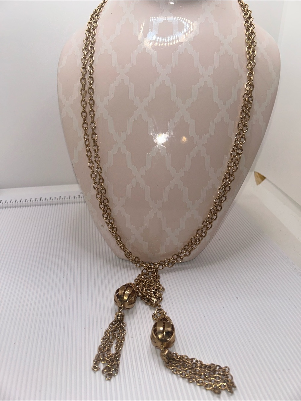Avon 1974 Vintage Convertible Gold-Tone Double Chain Necklace with Tassel Balls